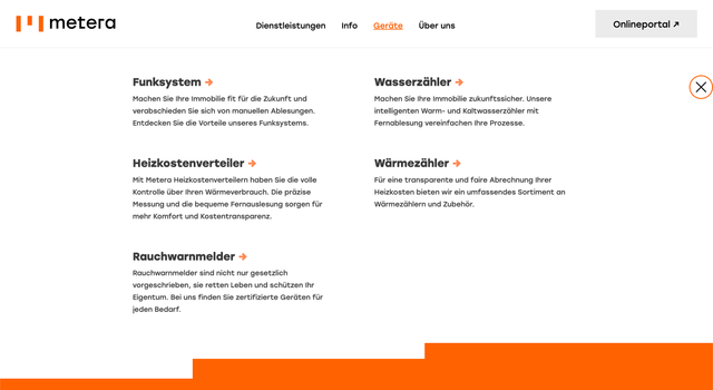 Screenshot der Metera-Website und der Navigation