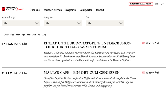 Screenshot der Website Freunde der Kronberg Academy | Auszug des Veranstaltungskalenders