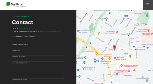 Screenshot der Website der BayWa r.e. AG | Contact