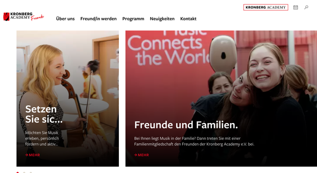 Screenshot der Website Freunde der Kronberg Academy mit lächelnden Menschen