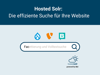 Bild mit Suchschlitz und Logos der Technologien TYPO3, Storyblok, Ruby on Rails und Drupal