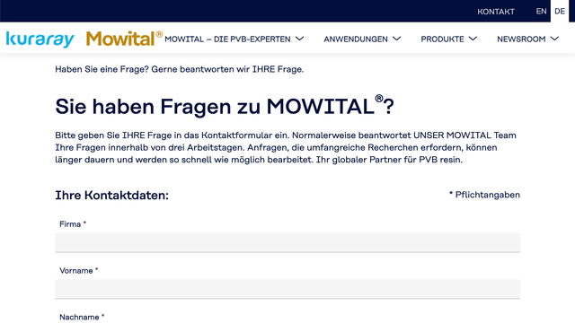 Ausschnitt der Website von MOWITAL® - Kuraray Europe GmbH. Formular