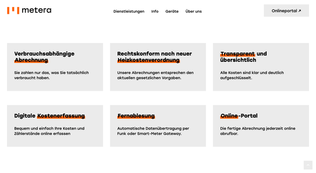 Screenshot der Metera-Website Vorteile auf einem Blick