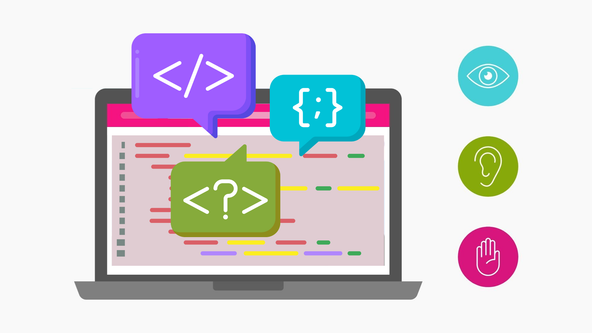 Grafik mit Laptop und Code-Schnipseln in bunten Farben.