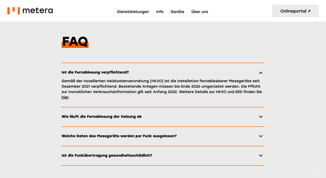 Screenshot der Metera-Website FAQ