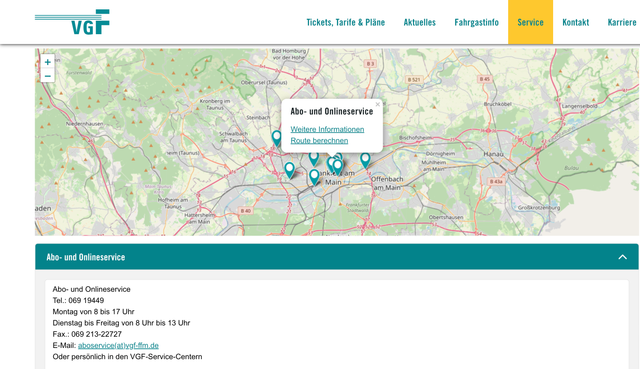 Screenshot der Abo-Online-Seite der VGF mit Karte