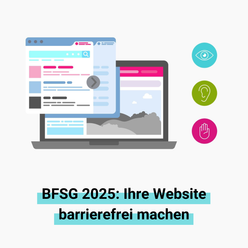 Laptop mit aus dem Bildschirm herausragendem Inhaltselement, darunter der Text "BFSG 2025: Ihre Website barrierefrei machen"