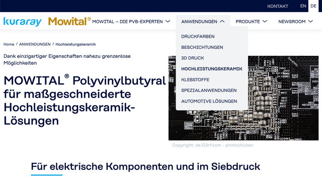 Ausschnitt der Website von MOWITAL® - Kuraray Europe GmbH.  Hochleistungskeramik