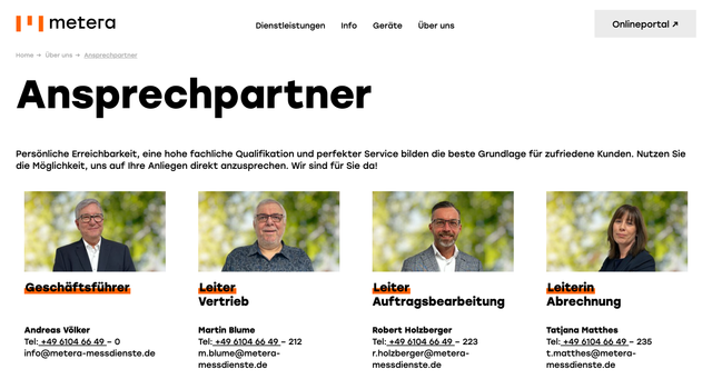 Screenshot der Metera-Website Ansprechpartner