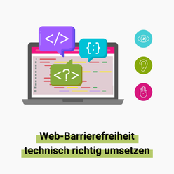 Laptop mit aus dem Bildschirm herausragenden Codeschnipseln, darunter der Text "BFSG 2025: Technische Web-Barrierefreiheit"