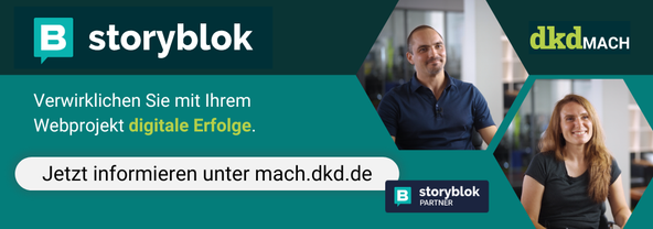 Storyblok Logo neben einem Mann und einer Frau 