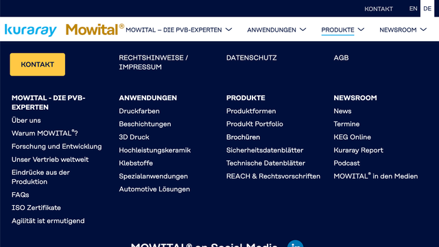 Ausschnitt der Website von MOWITAL® - Kuraray Europe GmbH. Footer