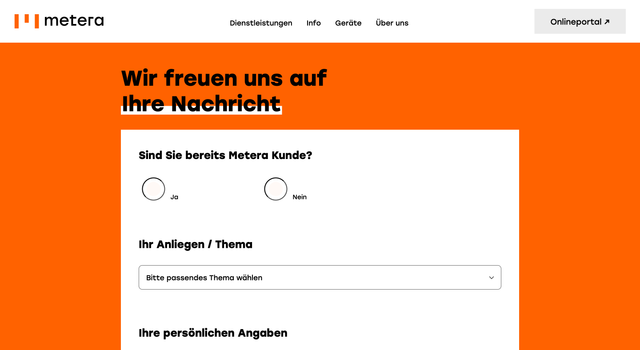 Screenshot der Metera-Website Kontaktformular