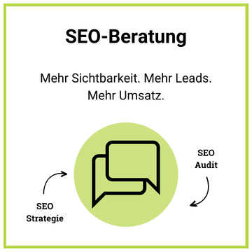 Weiße Kachel mit hellgrünem Rahmen und einem gleichfarbigen Kreis im unteren Drittel mit einem Icon mit zwei Sprechblasen. Als Überschrift steht darauf „SEO-Beratung“ mit einem kurzen Text darunter.