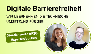 Zwei Frauen neben der Aufschrift: Digitale Barrierefreiheit: Jetzt Experten buchen! 